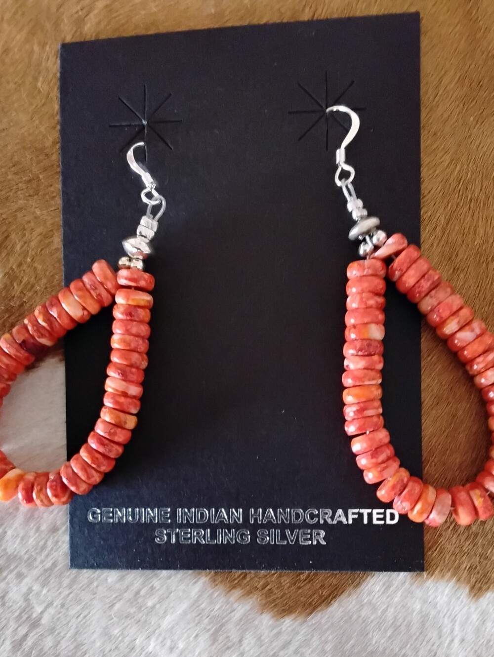 Louise Joe Navajo Handmade Orange Spiny Oyster Eardrop dangle 925 Earrings. - Picture 2 of 9